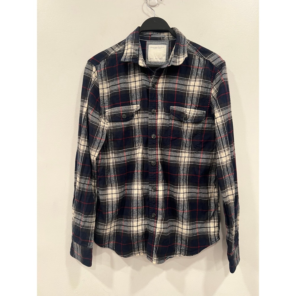 Denim & Flower Flannel Shirt Plaid Button Up Mens Size Large Navy Cream Red
